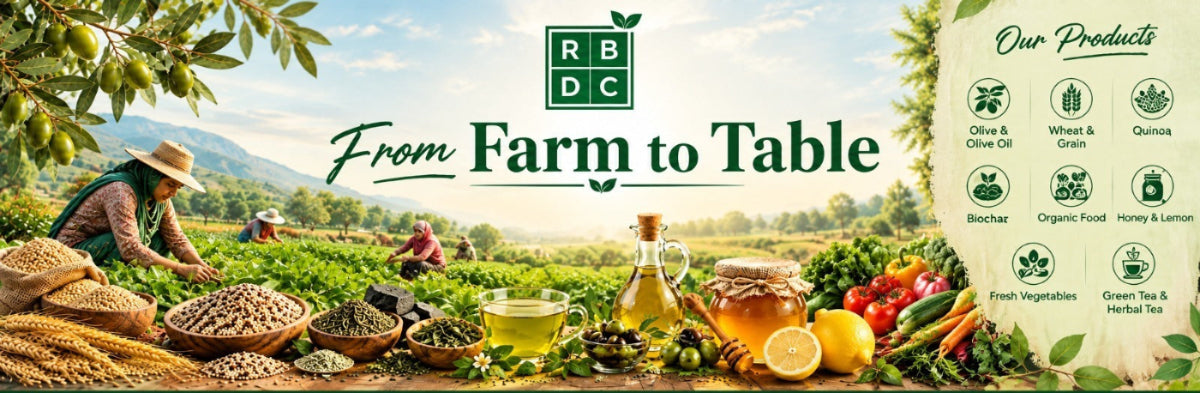 A wide promotional banner for a farm-to-table product collection. The left side shows a farmer working in a lush green field with mountains in the background, while the bottom displays an abundant spread of ingredients including grains, vegetables, herbs, and honey.
